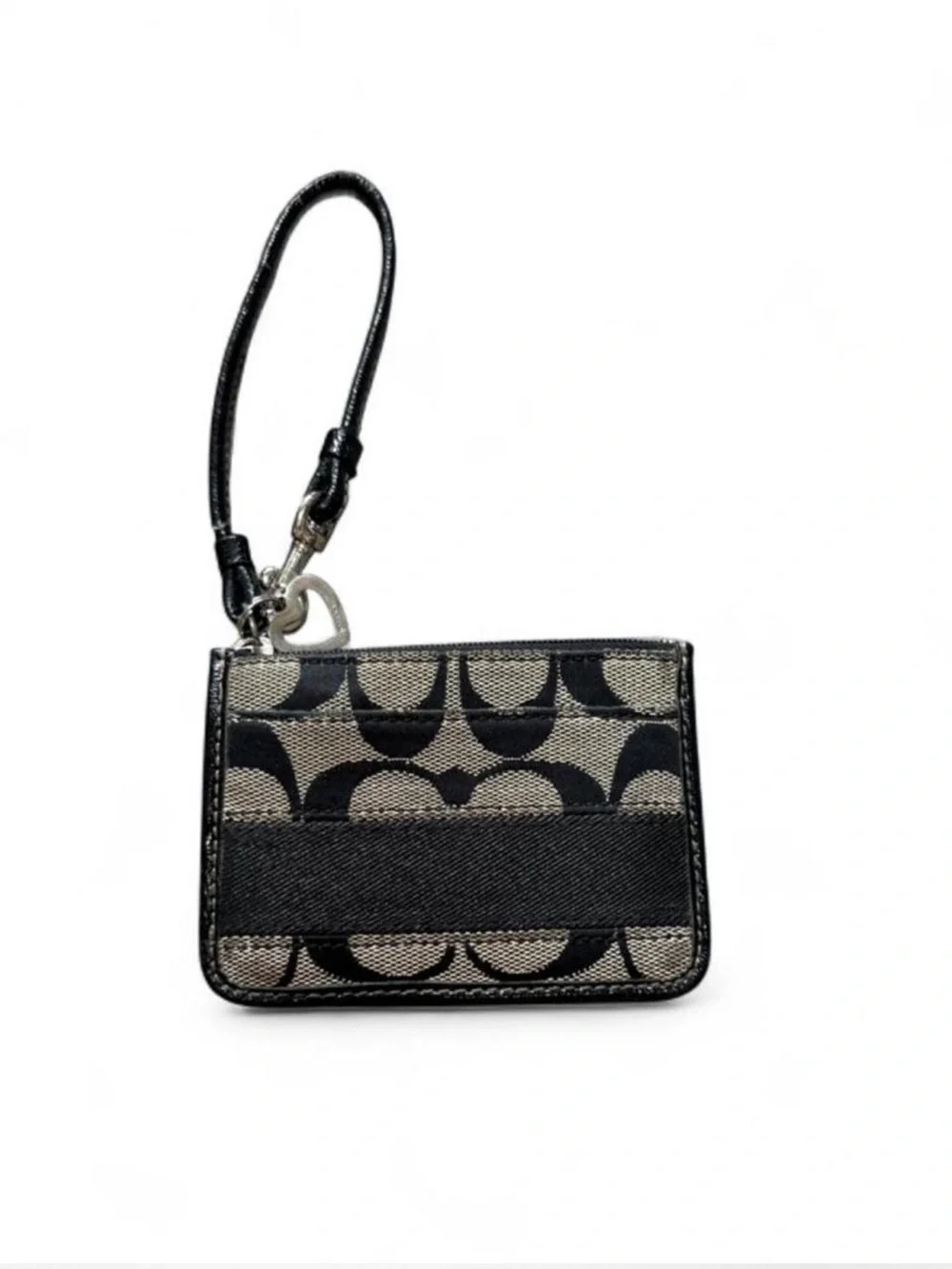 Coach Signature Zip Card Case ID Holder Wristlet Brown Black Wallet